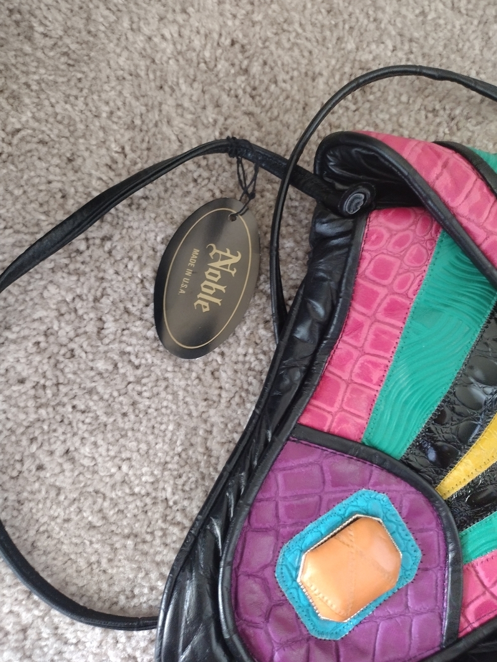 1980s Noble Handbags Inc Colorful Geometric Leather Crossbody Bag - Multicolor - Picture 4 of 13